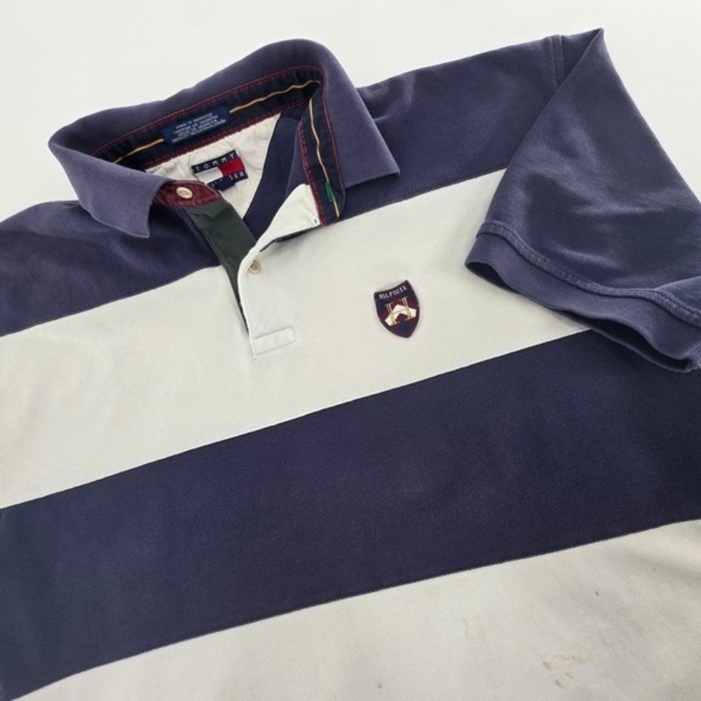 VINTAGE 90S TOMMY HILFIGER RUGBY POLO MENS XL BLUE WHITE STRIPED EMBLEM *READ*